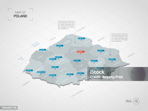 Isometric Poland Map With City Names And Administrative Divisions Stock Illustration - Download Image Now