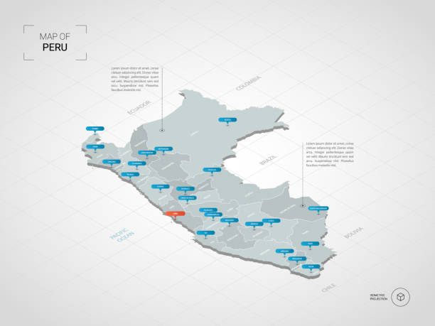 Isometric Peru map with city names and administrative divisions. Isometric 3D Peru map. Stylized vector map illustration with cities, borders, capital, administrative divisions and pointer marks; gradient background with grid. peru symbols stock illustrations