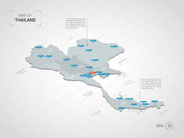 изометрическая карта таиланда с названиями города и административными подразделениями. - thailand stock illustrations