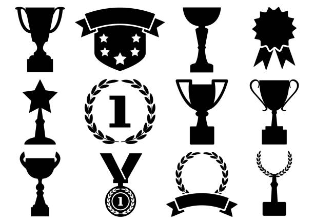 ilustrações de stock, clip art, desenhos animados e ícones de black and white set awards and cups, vector illustration - campeonato ilustrações