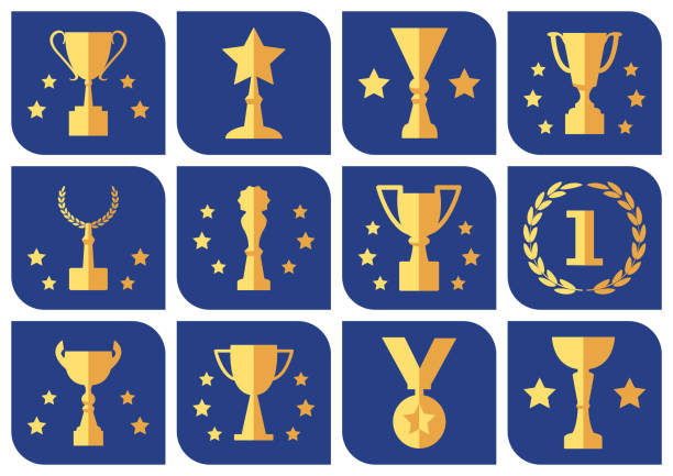 ilustrações de stock, clip art, desenhos animados e ícones de golden awards and cups on blue background, flat icons, vector set - gold medal audio