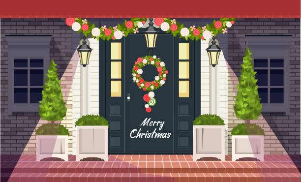 玄関ドアのクリスマス デコレーション - christmas gate wreath house点のイラスト素材／クリップアート素材／マンガ素材／アイコン素材