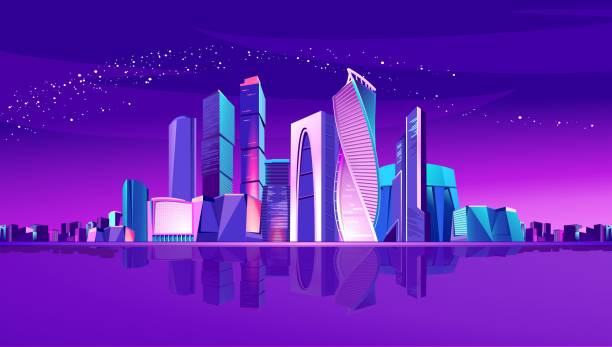 illustrazioni stock, clip art, cartoni animati e icone di tendenza di neon della città di mosca - moscow russia russia river panoramic