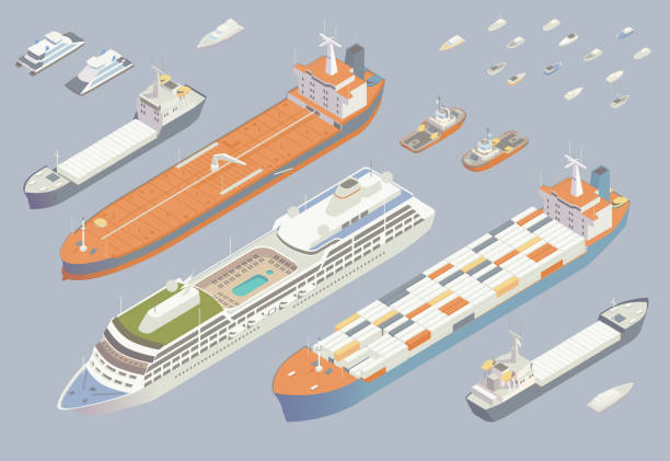 아이소메트릭 배 그리고 배 - freight transportation tugboat nautical vessel sea stock illustrations