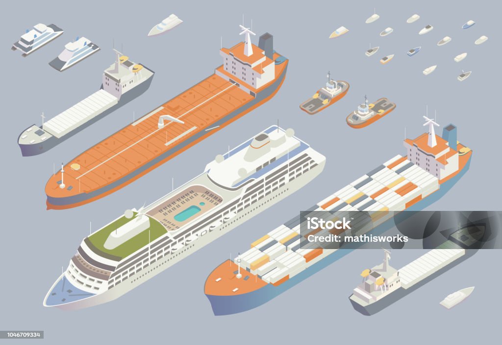 Isometric boats and ships 25 boats and ships illustrated in isometric view include shipping vessels, an oil tanker, tug boats, yachts, ferries, a cruise ship, speedboats, and small sailing vessels. Detailed illustrations are presented in three-quarter view. Nautical Vessel stock vector