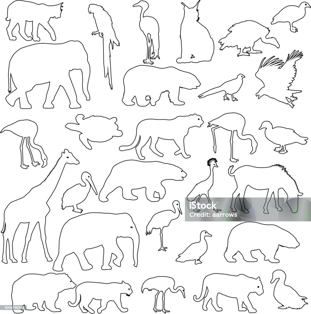 Silhouette elephant tiger bear giraffe flamingo pelican goose on a white background Silhouette elephant bear eagle trot duck zebra parrot on a white background. Africa stock vector