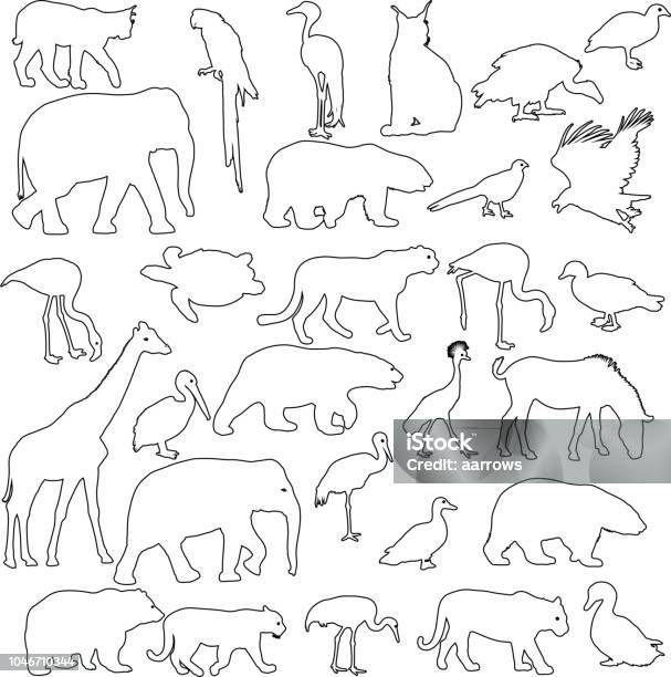 Silhouette Elephant Tiger Bear Giraffe Flamingo Pelican Goose On A White Background Stock Illustration - Download Image Now