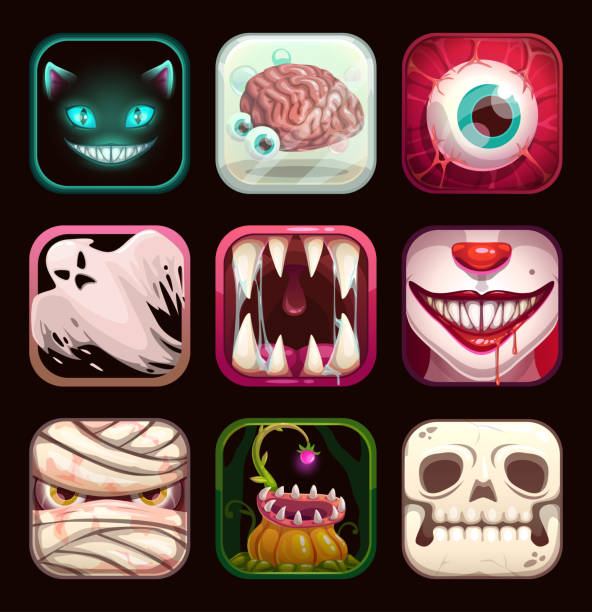 beängstigend app-symbole auf schwarzem hintergrund. gruselige mobile spiel logo-vorlagen. - clown evil horror spooky stock-grafiken, -clipart, -cartoons und -symbole