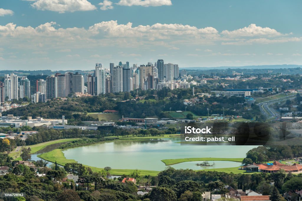 Lake Parque Barigui and Campo Comprido Curitiba Lake of Parque Barigui viewed from above with Campo Comprido Neighborhood on the background. Residential area with multiplo high rises buildings. Curitiba Stock Photo
