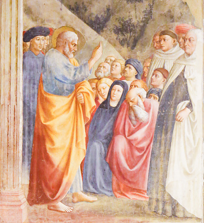 St Peter Preaching, by Masolino, famous Early Renaissance Fresco in the Brancacci Chapel of Florence, Italy