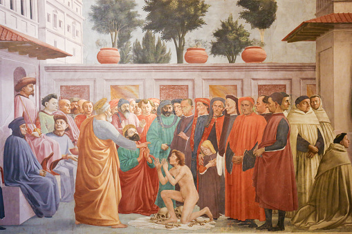 Raising of the Son of Theophilus, by Masaccio, famous Early Renaissance Fresco in the Brancacci Chapel in Florence, Italy