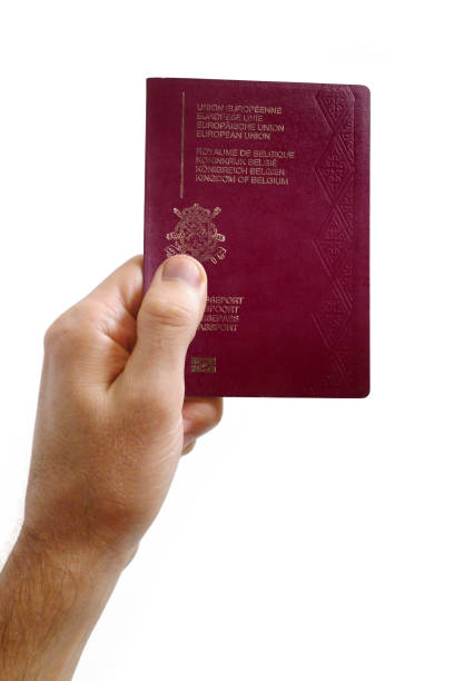 Close-up on a man's hand holding an Belgian passport against a white background.