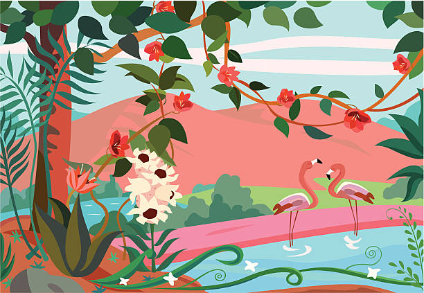 illustrazioni stock, clip art, cartoni animati e icone di tendenza di paesaggio con fenicotteri - white pink flamingo blue