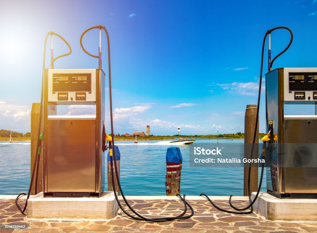 Boat petrol station, marine fuel tank station Nautical Vessel Stock Photo