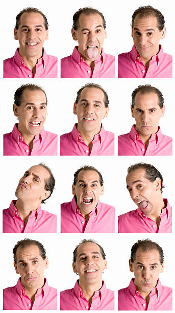 Adult man face expressions composite isolated on white background stock photo