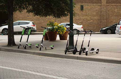 Dockless Electric Scooters on the Sidewalk in San Antonio