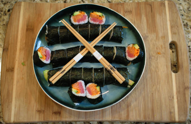 Homemade Sushi on a Plate  with Chopsticks