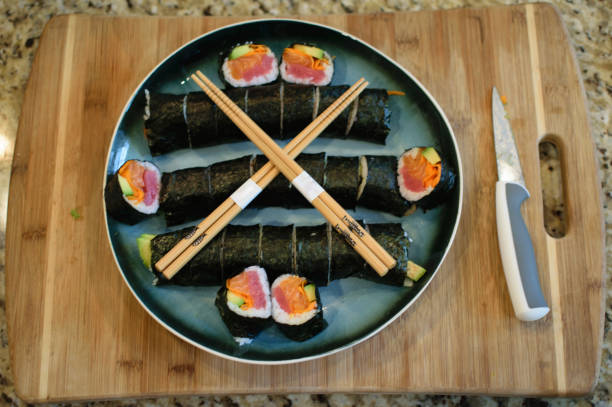 Homemade Sushi on a Plate for Display with Chopsticks