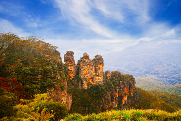 trois sœurs à blue mountains, australie - blue mountains national park photos et images de collection