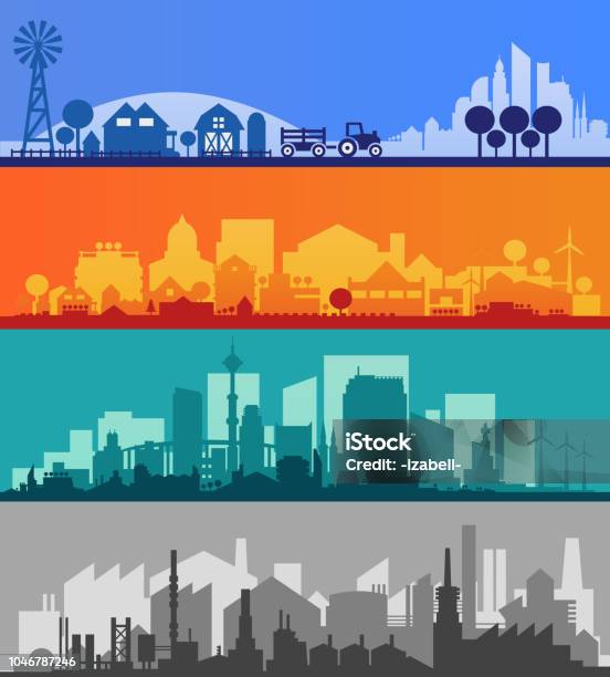 Small Town And Village Silhouettes Multicolored Collection Stock Illustration - Download Image Now