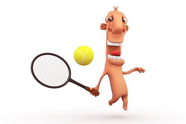 Funny cartoon tennis player. Objects over white. stock photo
