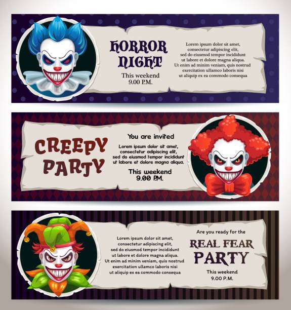 halloween-feier banner mit beängstigend clown gesichter. - clown evil horror spooky stock-grafiken, -clipart, -cartoons und -symbole