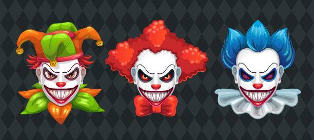 illustrations, cliparts, dessins animés et icônes de jeu de clown effrayant de visages. spooky halloween masques avec sourire en colère. - jesters hat