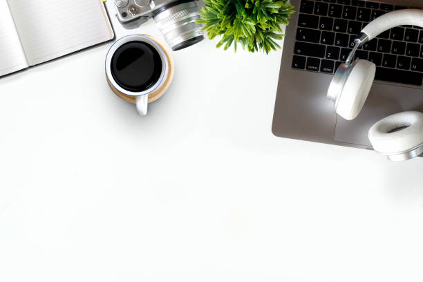 istock Office white desk laptop and supplies. Workspace and copy space 1046808124