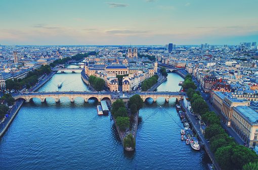 Square du Vert-Galant Seine river sunset aerial