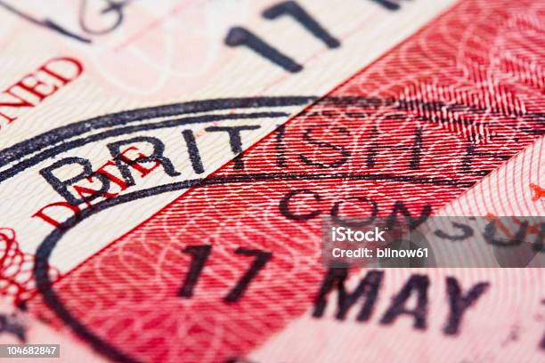 Close Up Of Visa Stamp On Passport Page Stock Photo - Download Image Now - Passport Stamp, UK, Arrival
