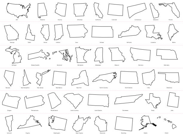 ilustraciones, imágenes clip art, dibujos animados e iconos de stock de mapa de los estados unidos de américa (usa) divide los estados mapas contorno ilustración sobre fondo blanco - arizona map outline silhouette