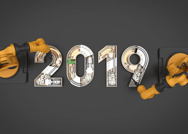 istock New year 2019 made from mechanical alphabet with robotic arm. 1046838022