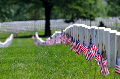Arlington, Va. USA - May 27, 2013: Grave Stones at Arlington National Cemetery decorated with American flags on Memorial day.
