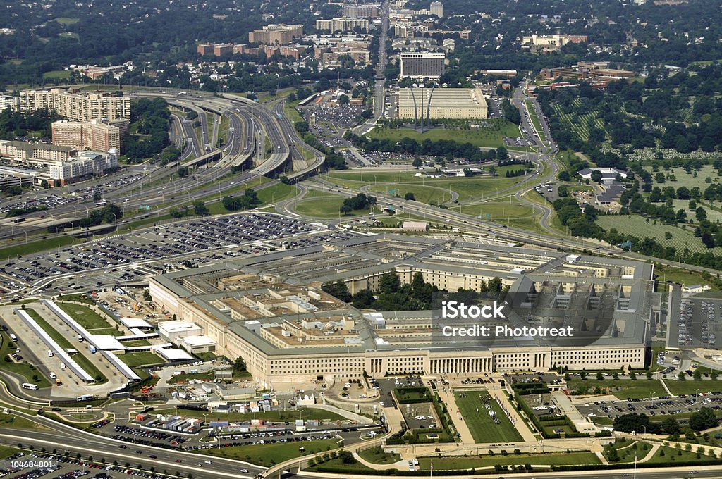 The Pentagon Aerial of the Pentagon, the Department of Defense headquarters in Arlington, Virginia, near Washington DC, with I-395 freeway on the left, and the Air Force Memorial up middle. Department Of Defense Stock Photo