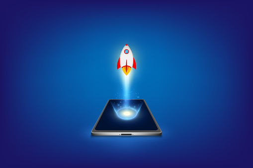 Successful startup business concept. Project development. Rocket launching from smart phone. Flat vector illustration.