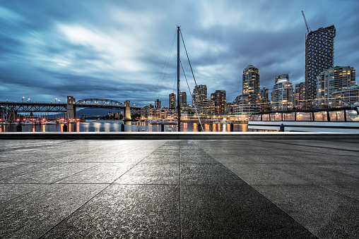 empty square front of vancouver harbor skyline,BC,Canada.