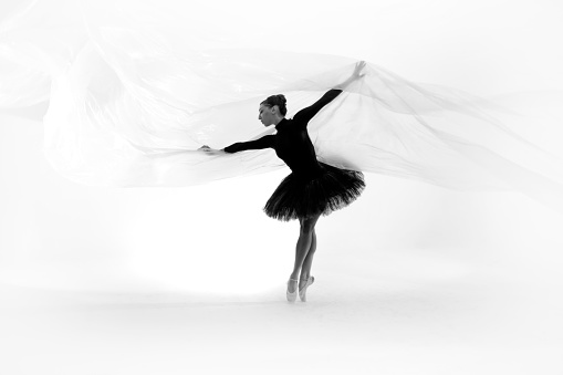 beautiful ballerina dancing classical behind the nylon