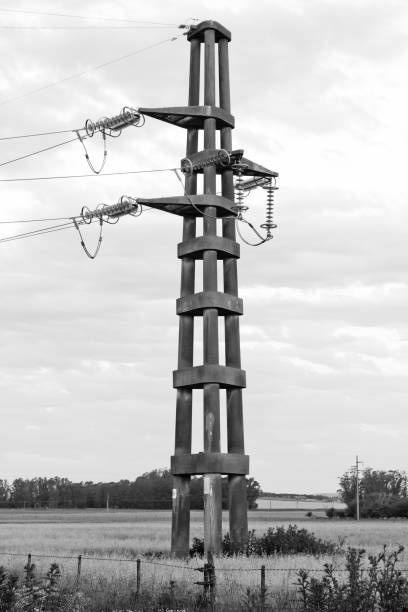 istock Black and white electric tower in open landscape 1046880476