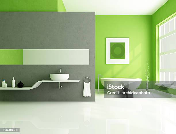 Green And Gray Contemporary Bathroom Stock Photo - Download Image Now - Green Color, Domestic Bathroom, Wall - Building Feature