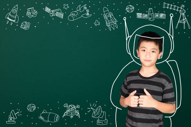 istock Asian kid with his imagination about science and space adventure, hand drawn on the green chalkboard, education back to school and discovery concept. 1046888810