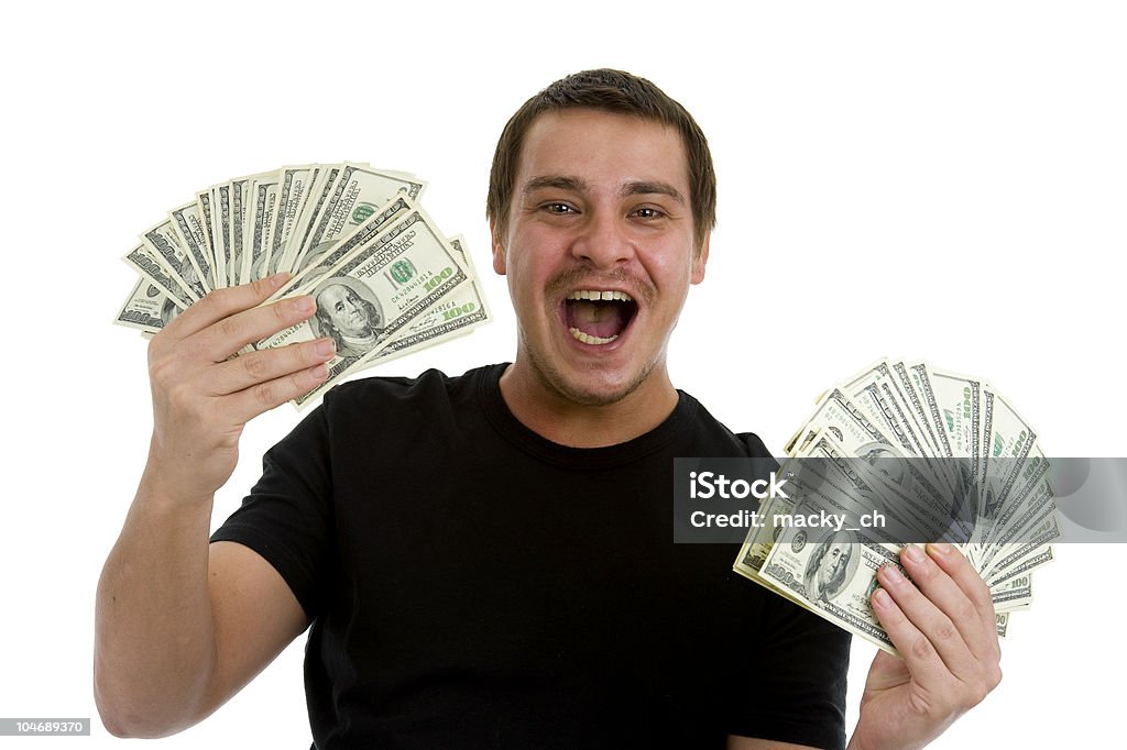 Hombre feliz con un montón de dinero - Foto de stock de Adulto libre de derechos
