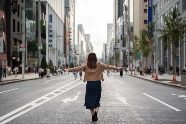 Woman walking in Ginza, Tokyo, one of the most famous commercial district in Japan