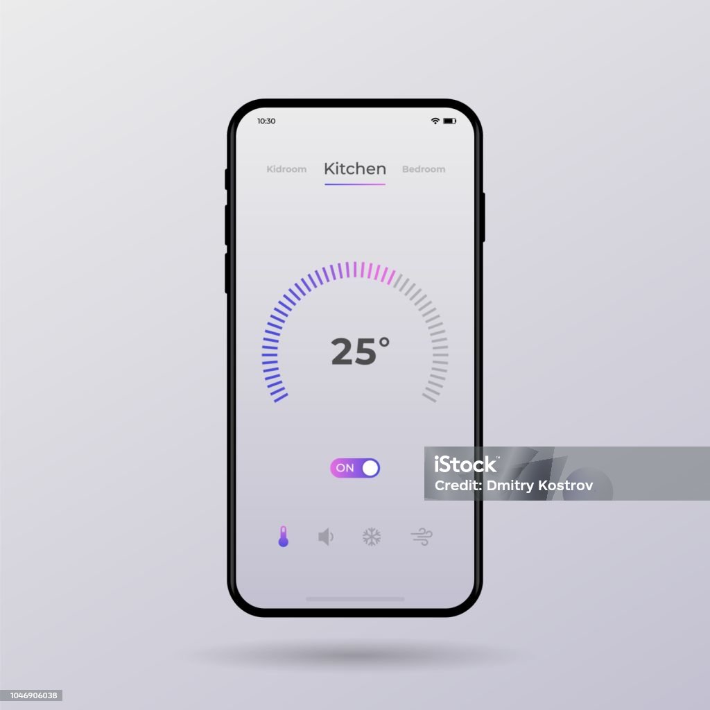 Tablero de interfaz de usuario y Kit de UX. Diseño de centro de control. Control de la temperatura en la habitación. - arte vectorial de Teléfono inteligente libre de derechos