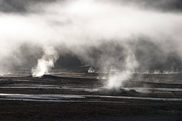 Mist rising from geyser field, Chile stock photo