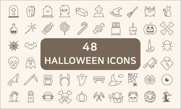Set Of 48 Halloween Outline Icons Halloween Icon Pack. vector icons. Collection Of  bats,  graveyard, witches, webs, food And Other Elements. halloween icons stock illustrations