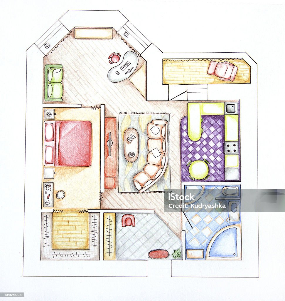 design de interiores de apartamentos Vista do topo. Esboço handwork - Foto de stock de Plano - Documento royalty-free