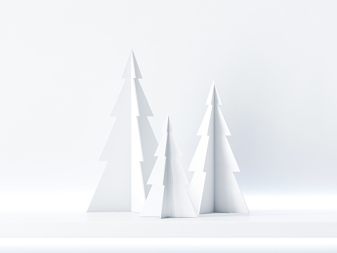 Three christmas tree on white shelf, background for greeting card, 3d rendering