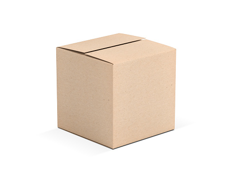 Caja cuadrada de cartón marrón simulado hasta aislada en blanco photo