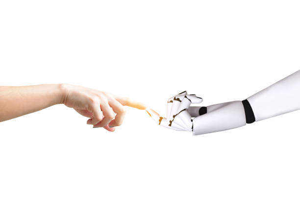 istock Human hand and robot hand system concept Integration and coordination of intellectual technology. 1046921566