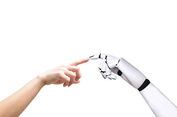 istock Human hand and robot hand system concept Integration and coordination of intellectual technology. 1046921568